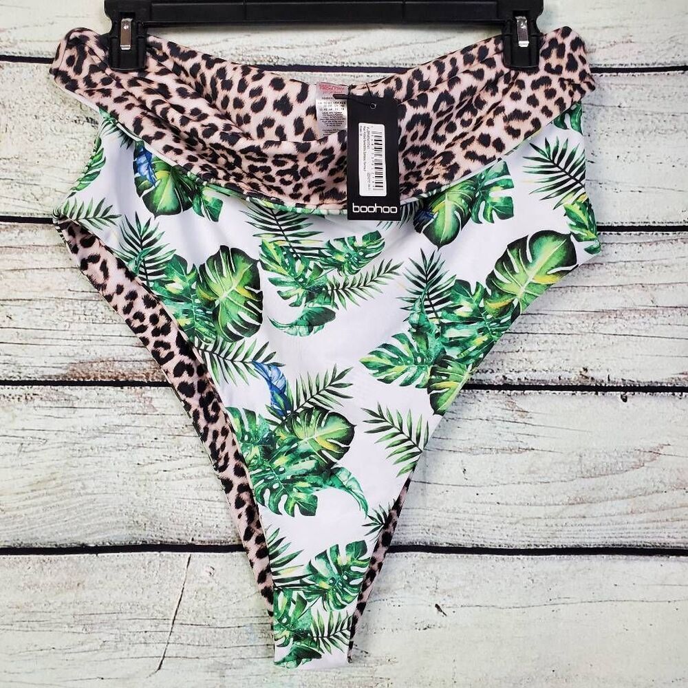 Boohoo Plus Bandeau Swimsuit Bottom Leaf Print Leopard Trim Size 18 NWT